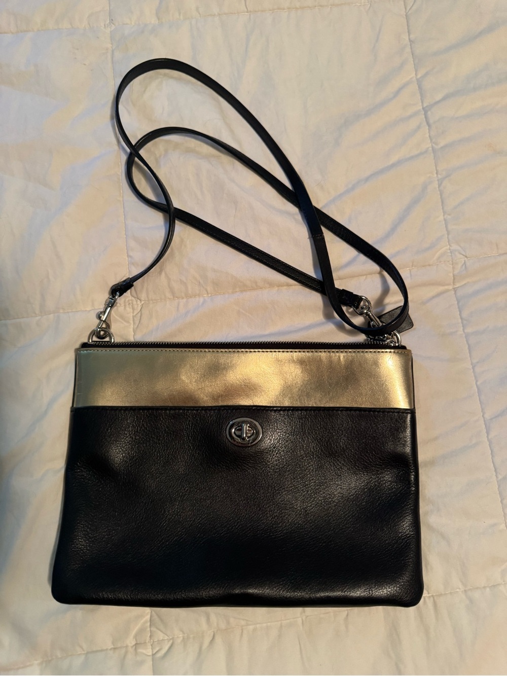 Leather Crossbody Bag with Gold Accent - Black & Gold